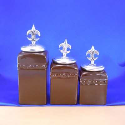 60001BROWN-FDL-SIL-CERAMIC CANISTER SET BROWN W/ FDL SILVER LIDS